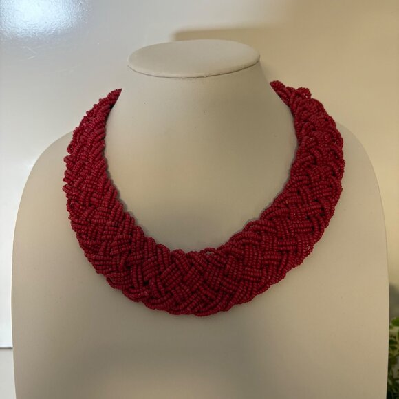 Braided Red Seed Bead Statement Necklace Chunky Collar Vintahge Jewelry - Picture 2 of 5